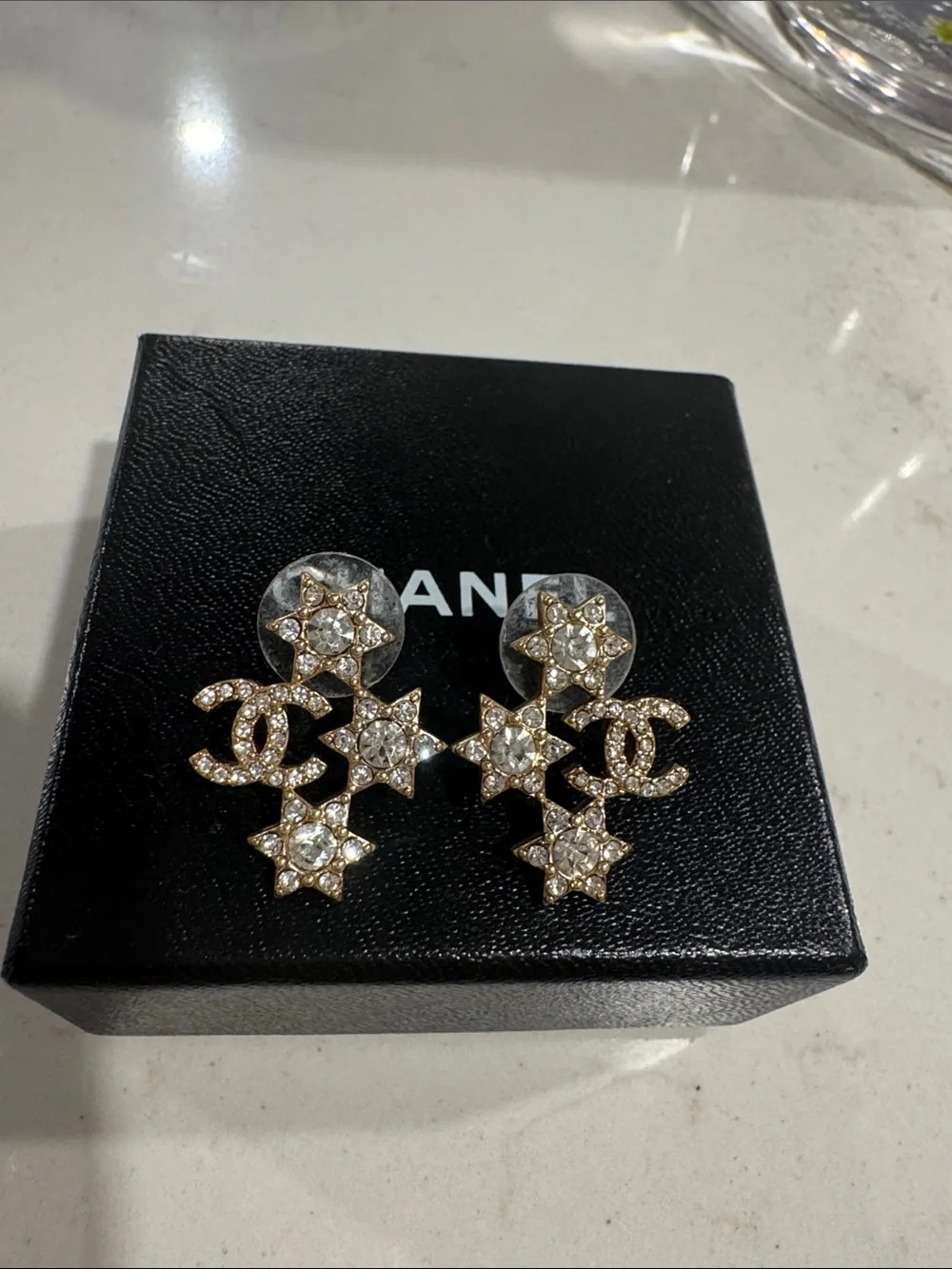 CHANEL Gold Crystal Star & CC Drop Earrings